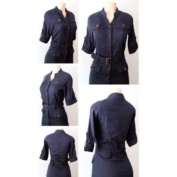 Navy Belted Button Down Safari Utility Shirt Dress - Picture 3 of 8